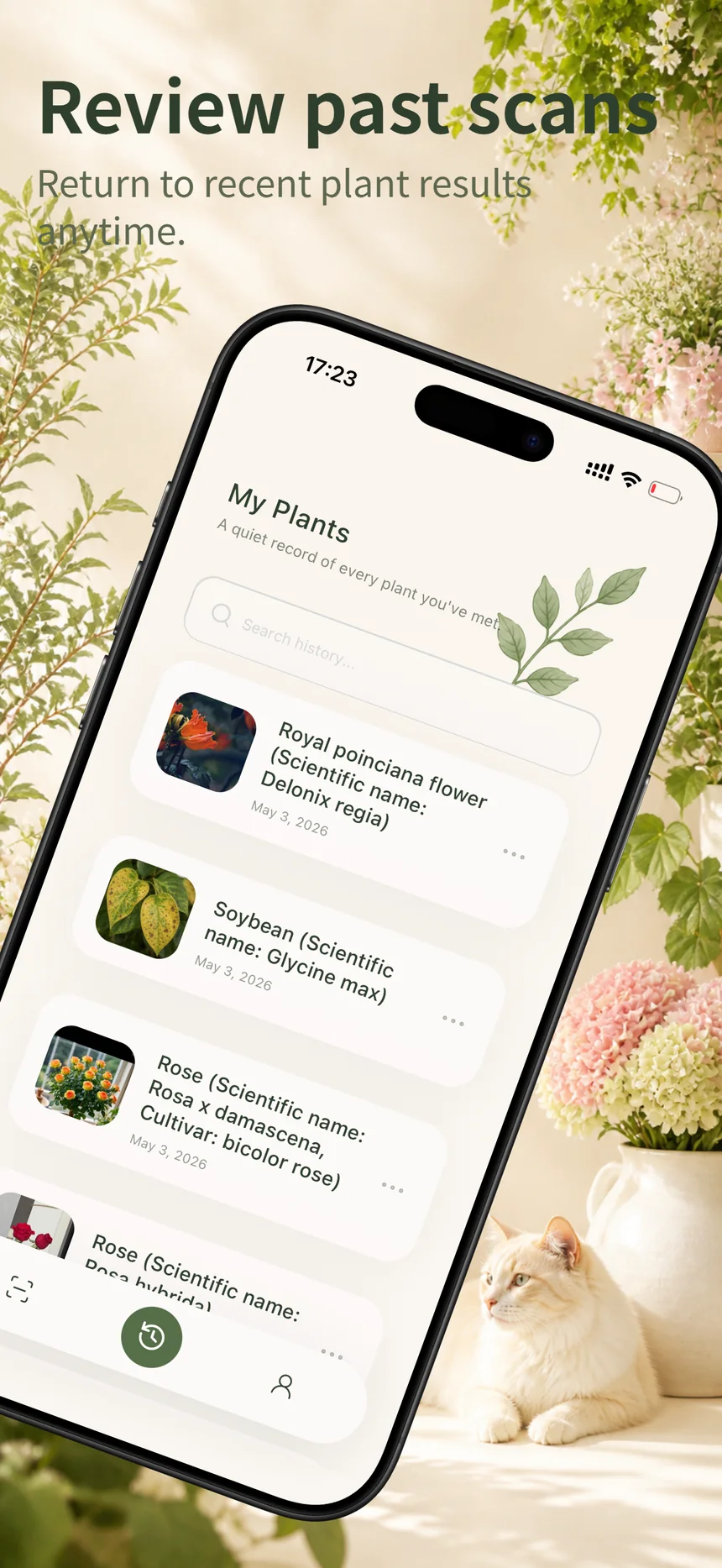 Flora Mind care guidance screen with watering, pruning, and seasonal suggestions