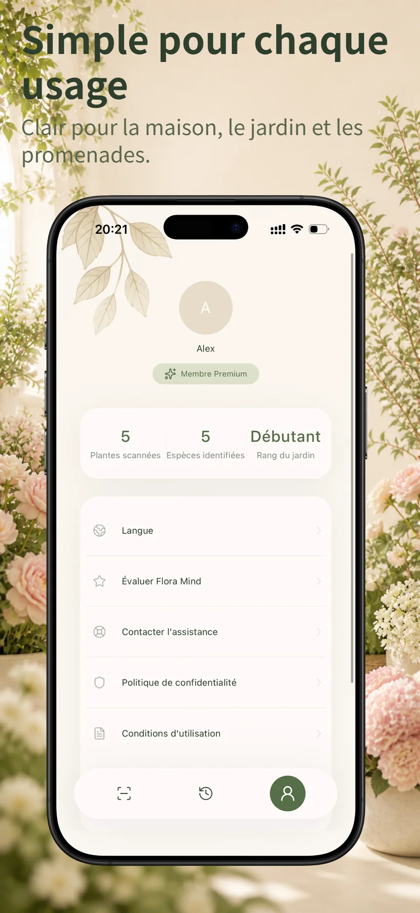 Écran de profil Flora Mind avec langue et statistiques de plantes