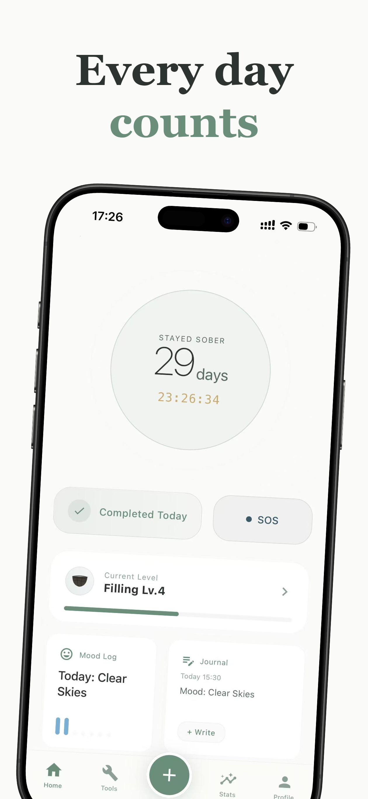Reclaim home screen showing daily check-in and current streak count
