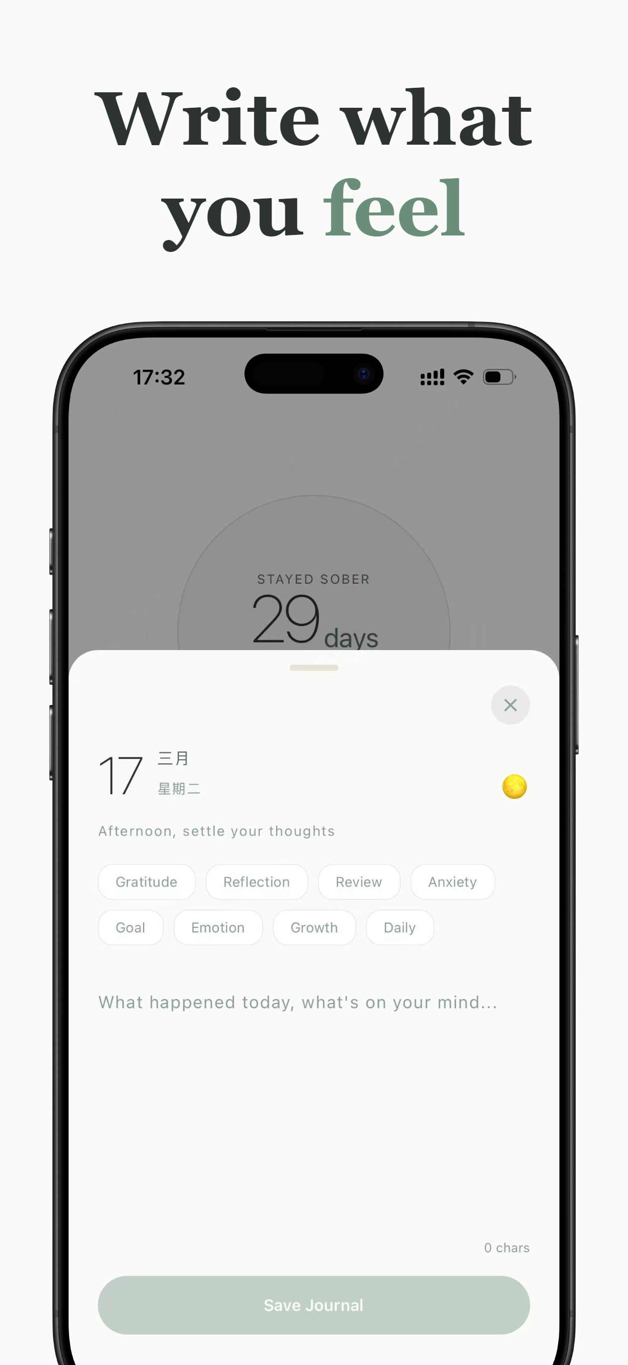 Journal entry screen with tags and cloud sync indicator