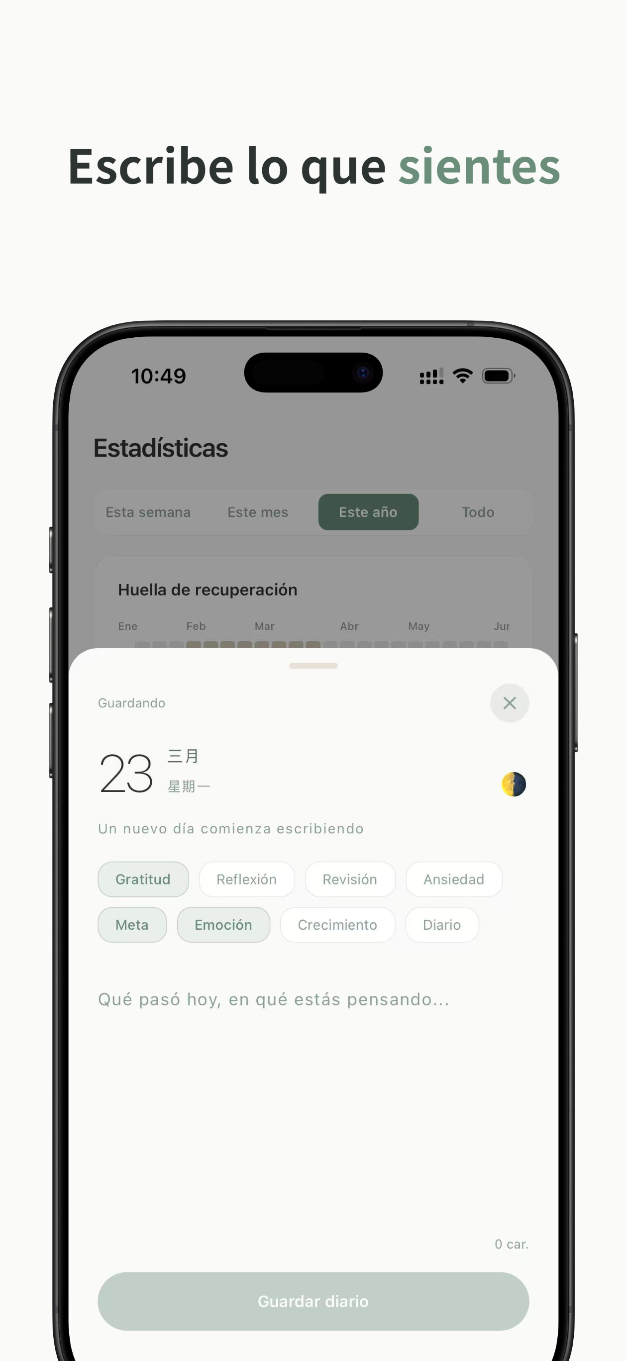 Pantalla de diario con etiquetas e indicador de sincronización en la nube
