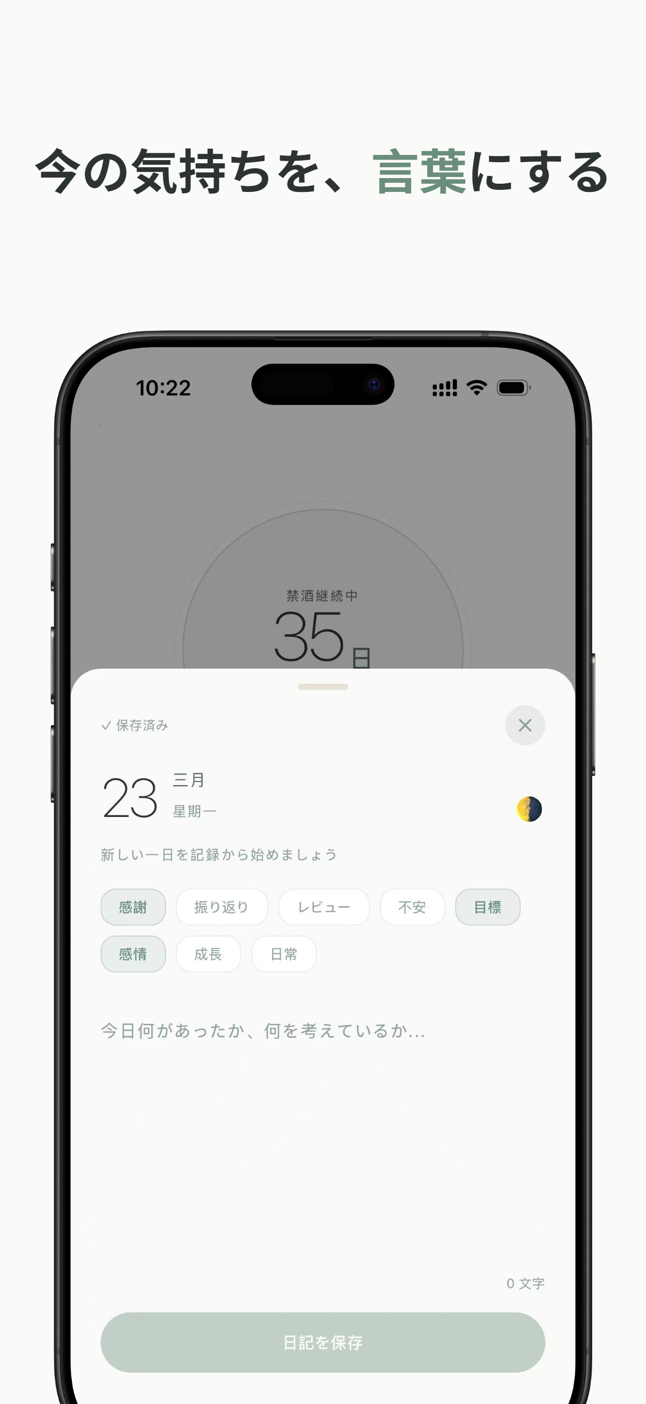 日記入力画面 - タグとクラウド同期インジケーター